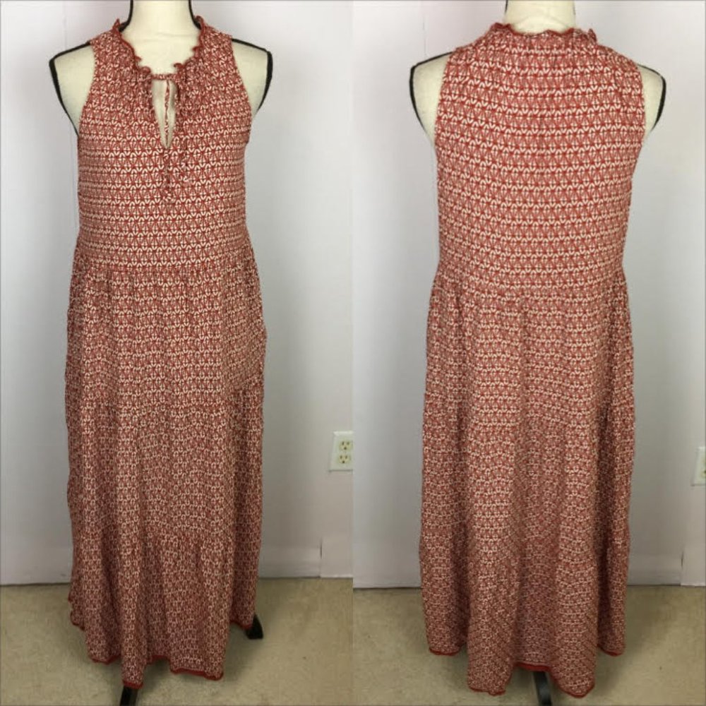Max Studio Midi Dress Size L Womans Red White Rayon Sleeveless Tiered Ruffle